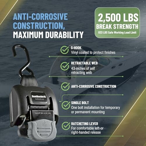 Anti-corrosive tie-down with features and boat background.