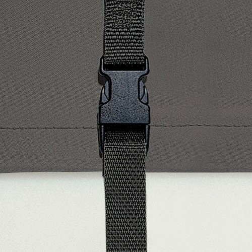 Close-up of a black buckle strap on fabric