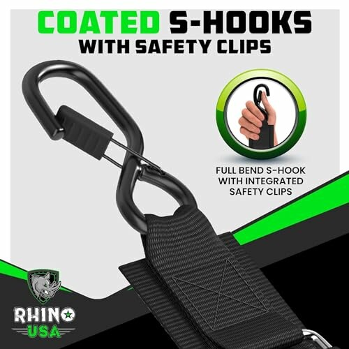 Coated S-hooks with safety clips, featuring a full bend and integrated safety clips.