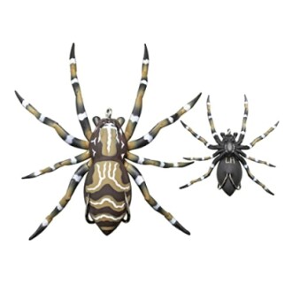 Two decorative spider figures, one larger and one smaller, with striped patterns.