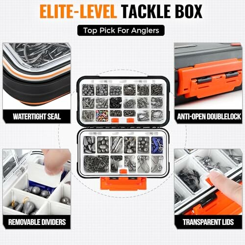 Tackle box with compartments, watertight seal, removable dividers, and transparent lids.