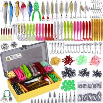 A comprehensive fishing lure and tackle set with various lures, hooks, and weights.