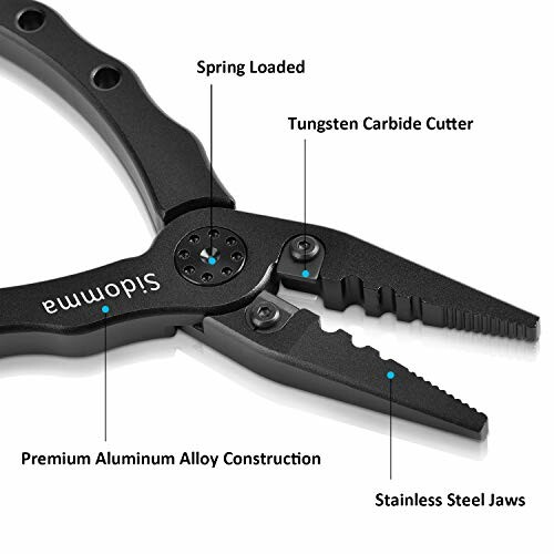 Fishing pliers with labeled parts: spring loaded, tungsten carbide cutter, stainless steel jaws, and premium aluminum alloy construction.