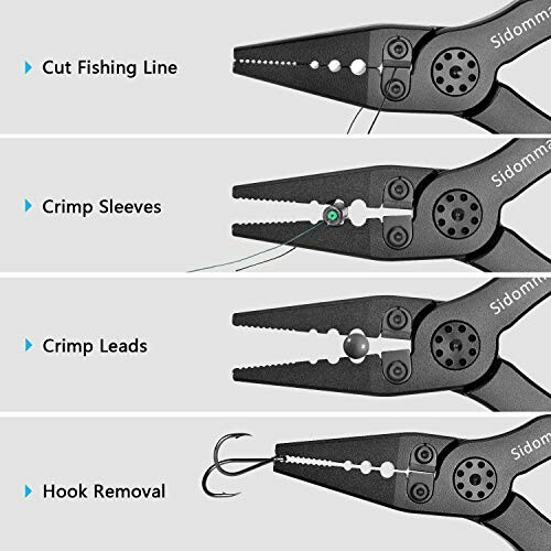 Fishing pliers demonstrating functions: cut fishing line, crimp sleeves, crimp leads, hook removal.