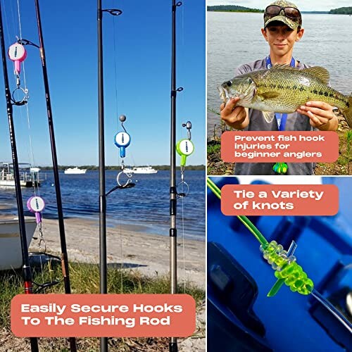 Fishing rods with hook secure devices and person holding a fish.