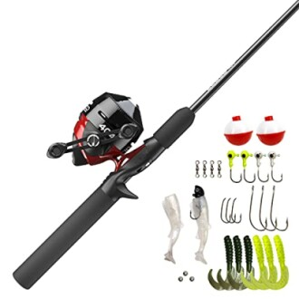 Fishing rod and reel kit with accessories including hooks, lures, and bobbers.