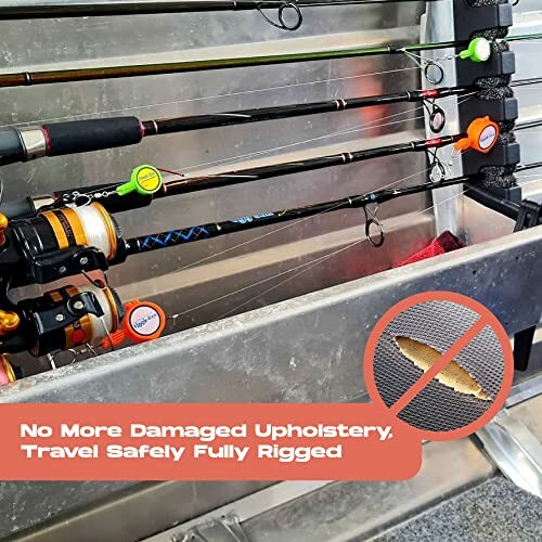 Fishing rods securely stored with protective gear, preventing upholstery damage.