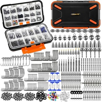 Comprehensive fishing tackle box kit with various hooks, weights, and accessories.