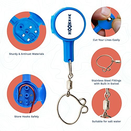 Multifunctional fishing tool with features for cutting lines, storing hooks, and stainless steel fittings.