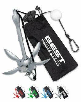 Folding grapnel anchor kit with storage bag and accessories.