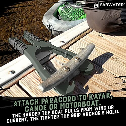 Kayak anchor tool attached to a dock with a paracord.