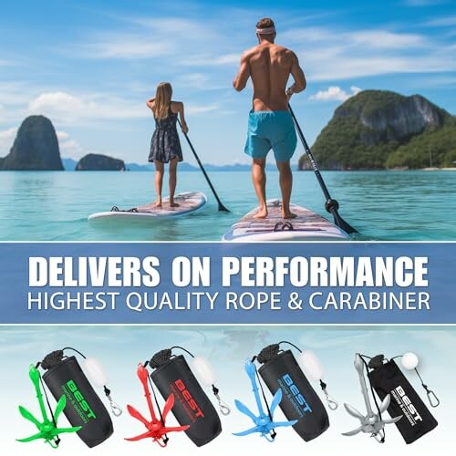 Two people paddleboarding with rope and carabiner advertisement