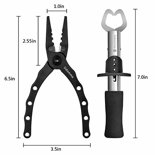 Black pliers and fish gripper with measurements