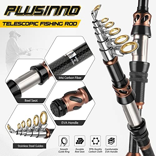 Plusinno telescopic fishing rod with reel seat, carbon fiber construction, and EVA handle.