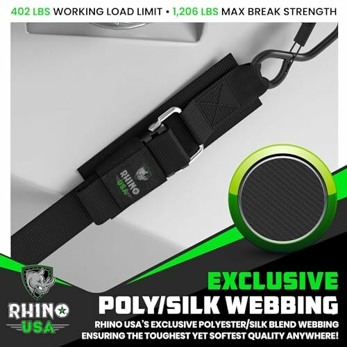 Rhino USA exclusive polysilk webbing with 402 lbs working load limit and 1,206 lbs max break strength.