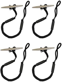 Set of four tent guyline tensioners with black cords and metal plates.