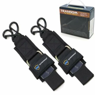 Pair of black transom tie down straps with packaging.