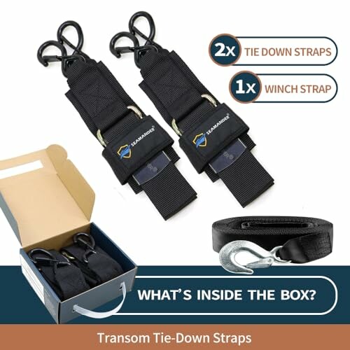 Transom tie-down straps and winch strap displayed with packaging.