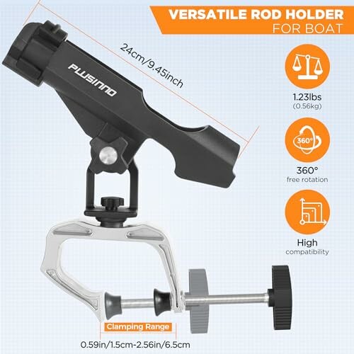 Versatile rod holder for boat with dimensions and features.