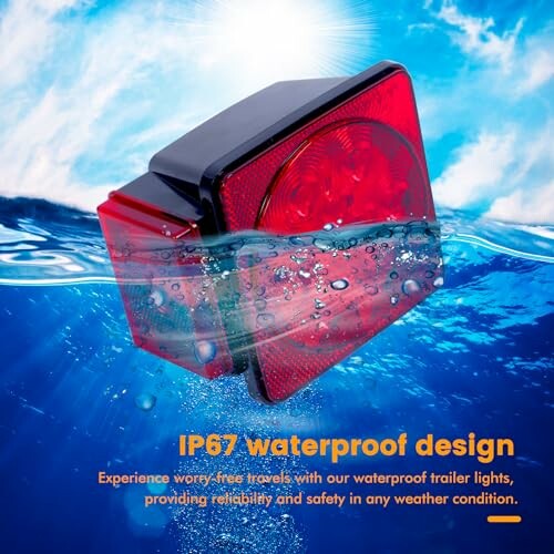 Waterproof trailer light submerged underwater, showcasing IP67 design.