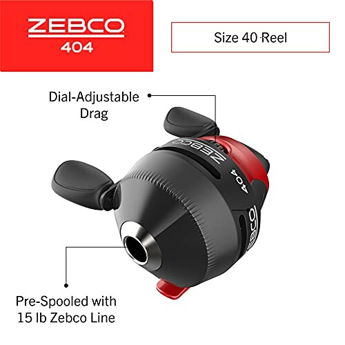 Zebco 404 fishing reel with dial-adjustable drag and pre-spooled 15 lb line.