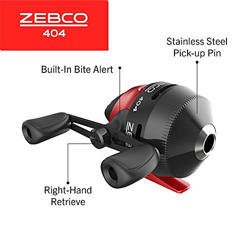 Zebco 404 fishing reel with labeled parts: built-in bite alert, stainless steel pick-up pin, right-hand retrieve.